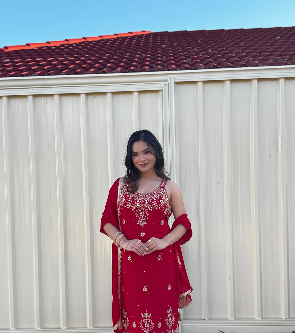 RED HANDWORK KURTHA SET