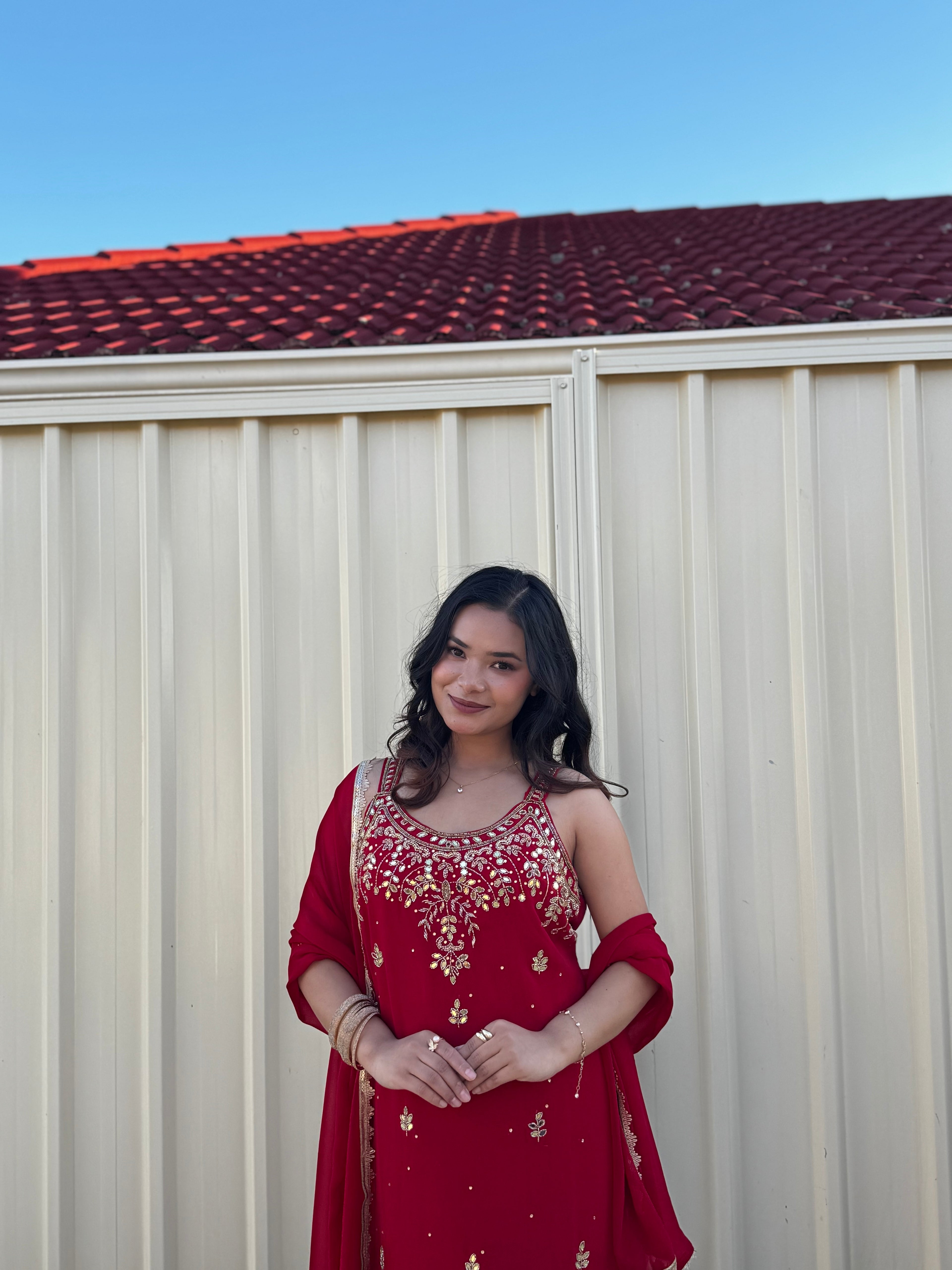 RED HANDWORK KURTHA SET
